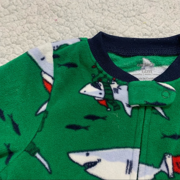 CARTER’S 1-Piece Green Christmas Shark Santa Holiday Fleece Footie PJs 12M - Picture 5 of 12